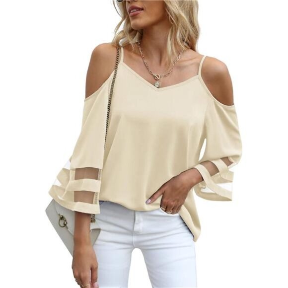Beige Nude Mesh Panel 3/4 Bell Sleeve Off Shoulder Flowy Top Blouse Loose Top - Picture 1 of 5